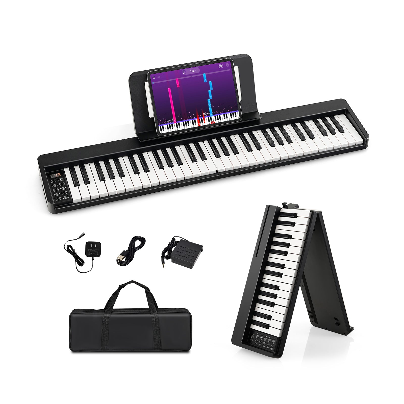 NNECW 61-Key Folding Piano Keyboard with Full Size Keys & Music Stand-2