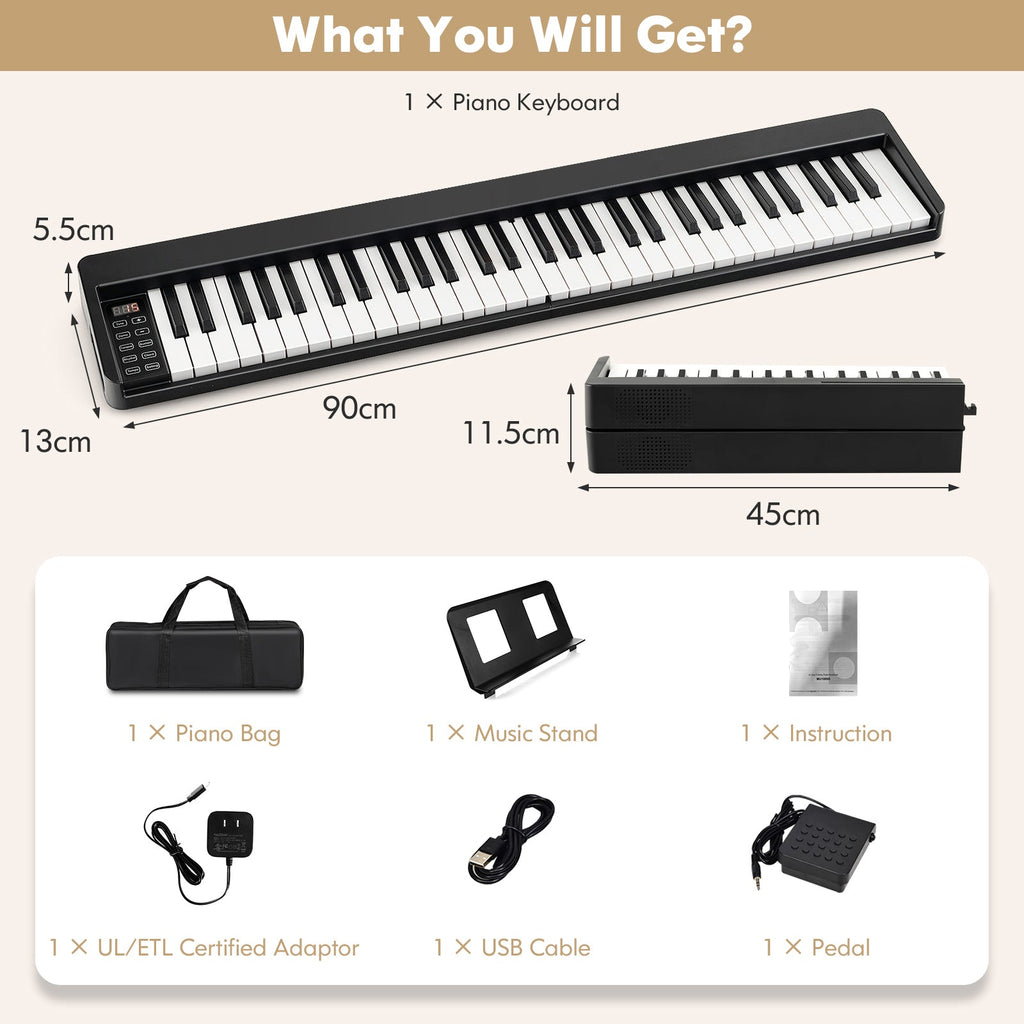 NNECW 61-Key Folding Piano Keyboard with Full Size Keys & Music Stand-3