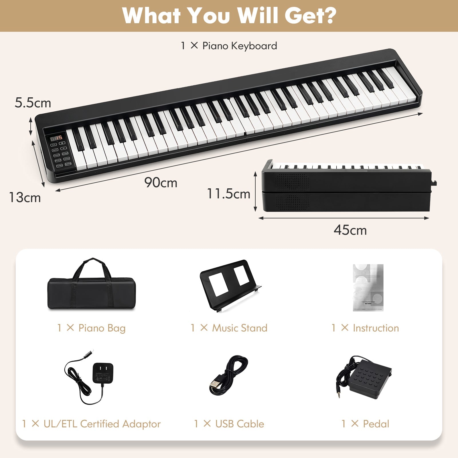 NNECW 61-Key Folding Piano Keyboard with Full Size Keys & Music Stand-3