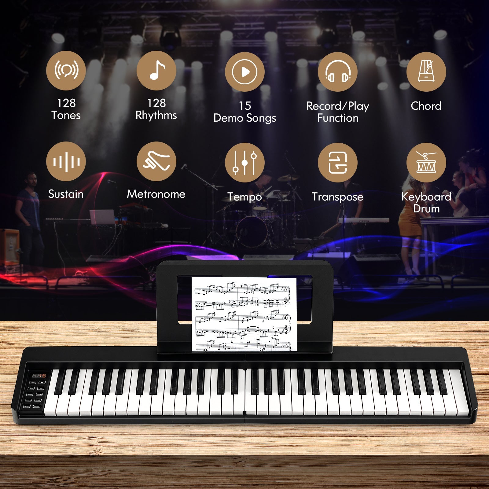NNECW 61-Key Folding Piano Keyboard with Full Size Keys & Music Stand-4