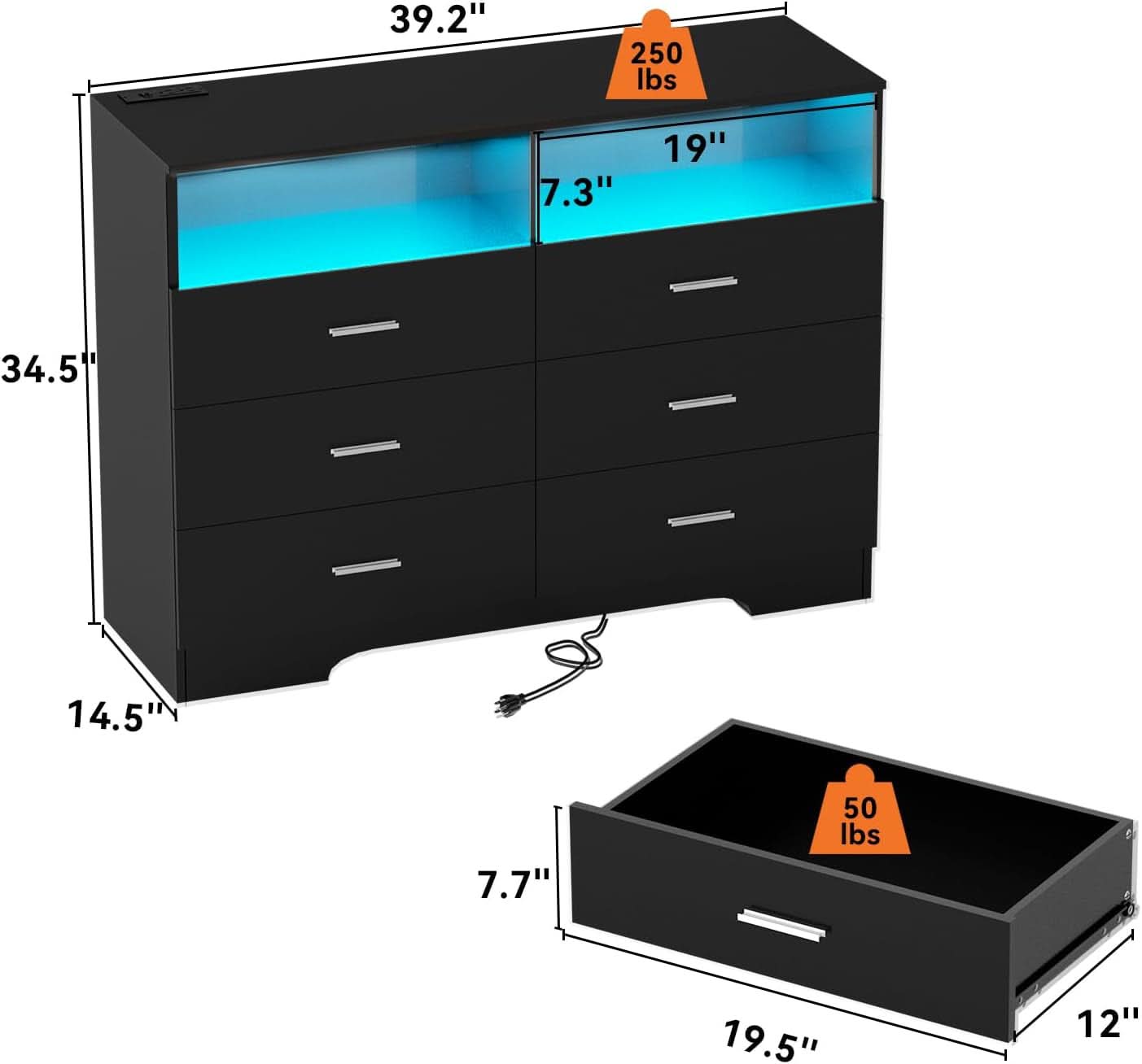 Black Dresser With Power Outlets And LED Lights 6 Drawers-2
