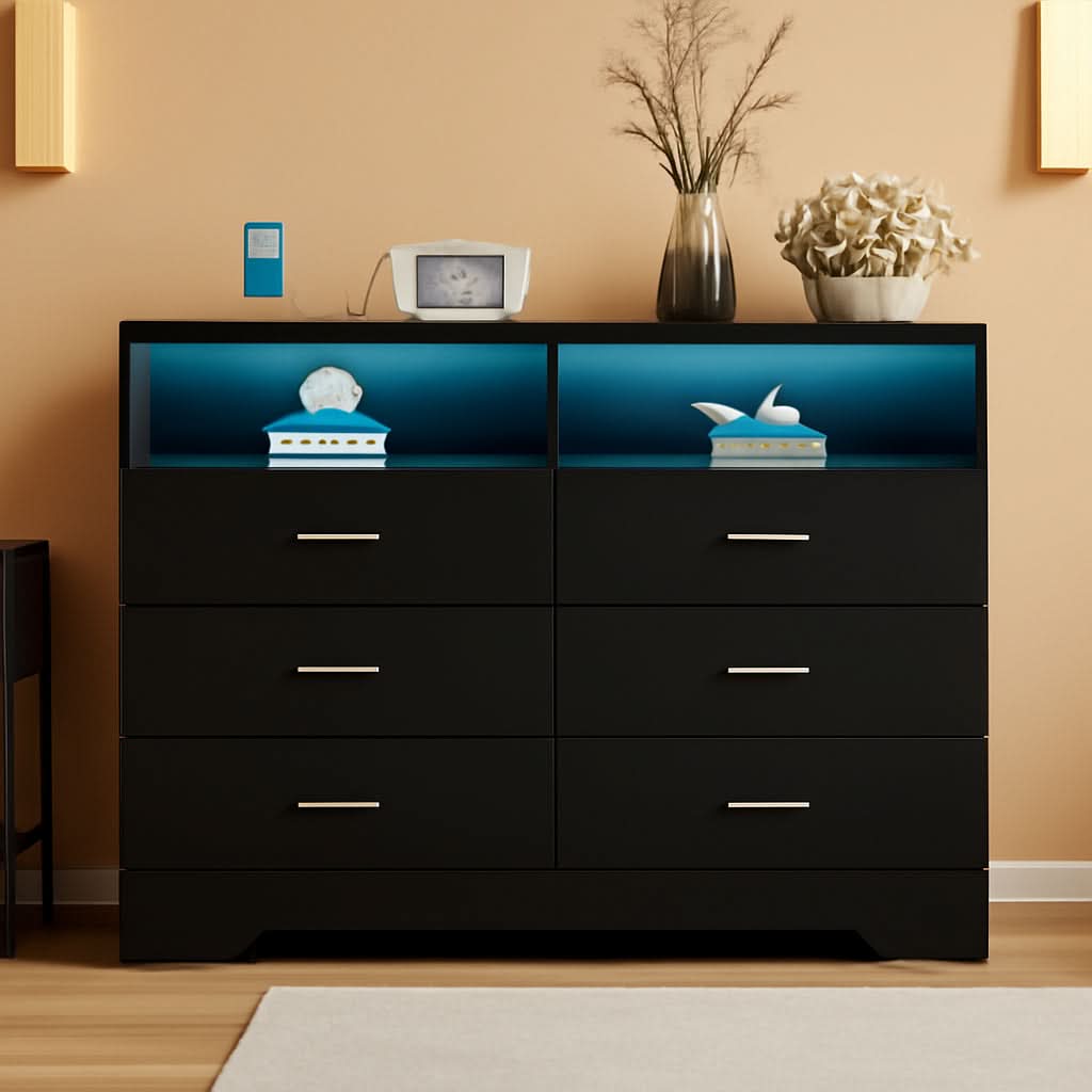 Black Dresser With Power Outlets And LED Lights 6 Drawers-0