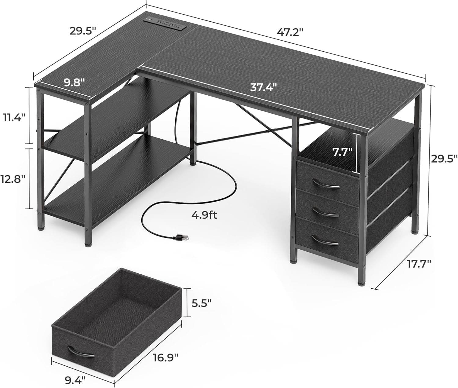 L Shaped Desk 47 Inch With Power Outlets And Ample Storage-2