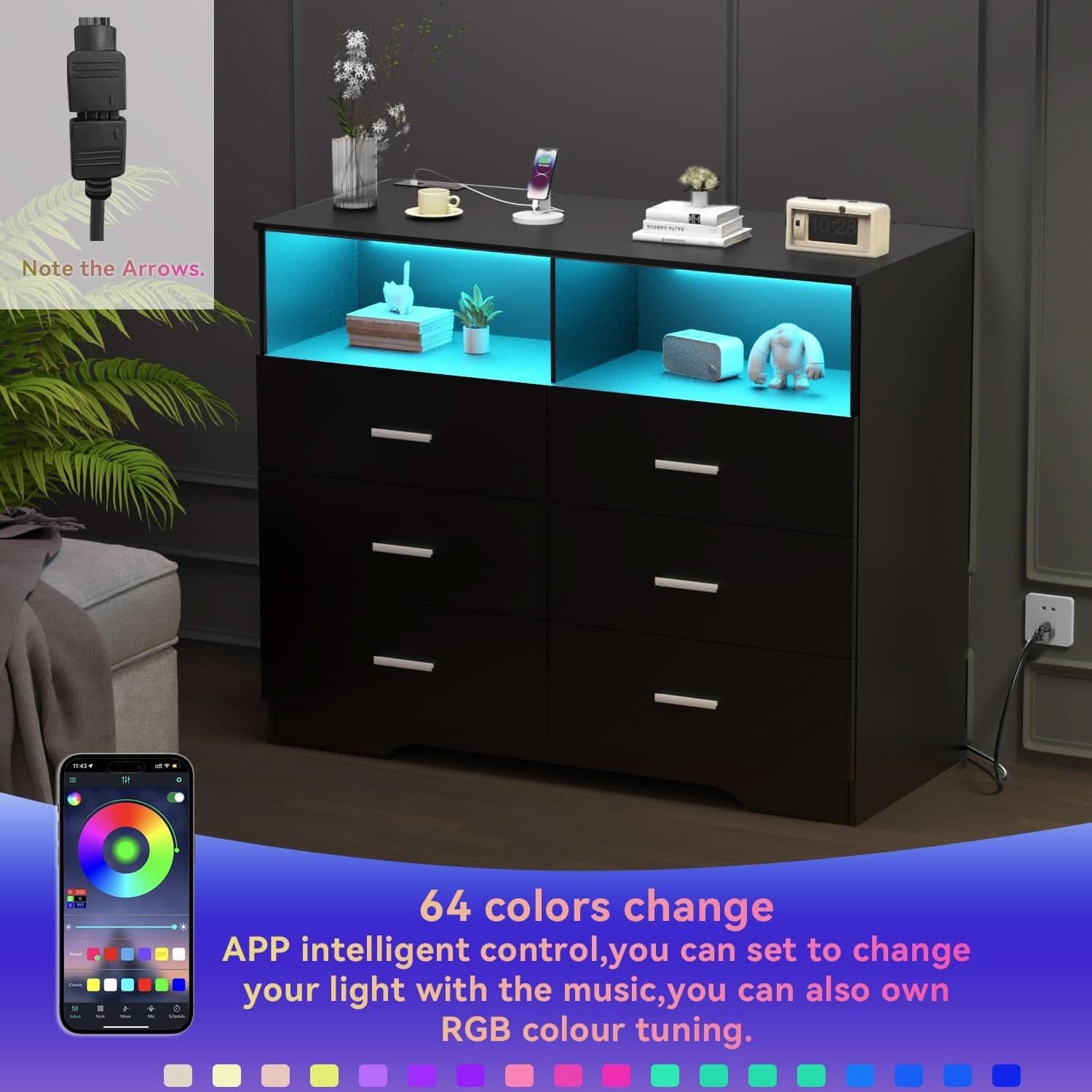 Black Dresser With Power Outlets And LED Lights 6 Drawers-4