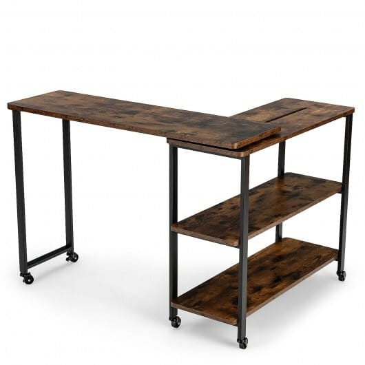 Large 360-Degree Free Rotating Sofa Side Table with Wheels and Storage Shelf-Rustic Brown