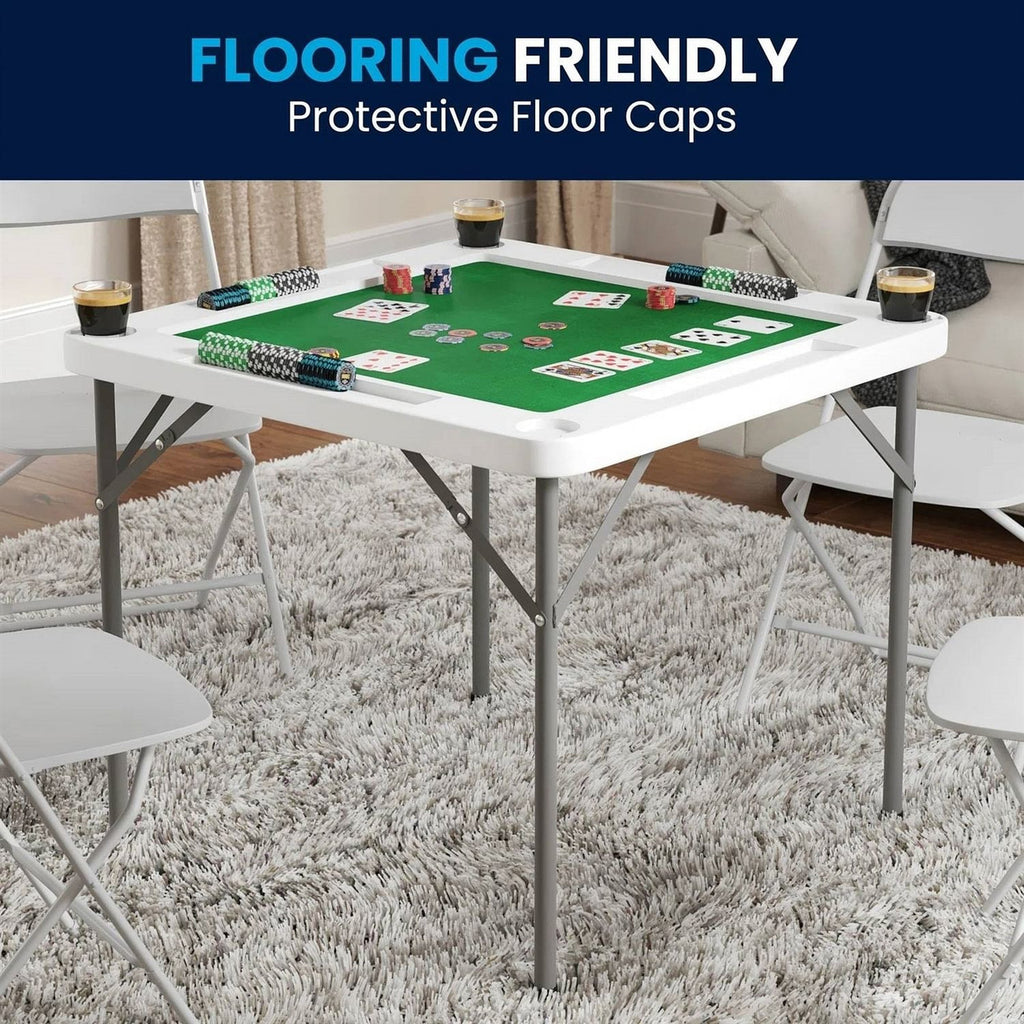 4-Player Square Folding Card Game Poker Table w/ Green Felt Top and Cup Holders-0