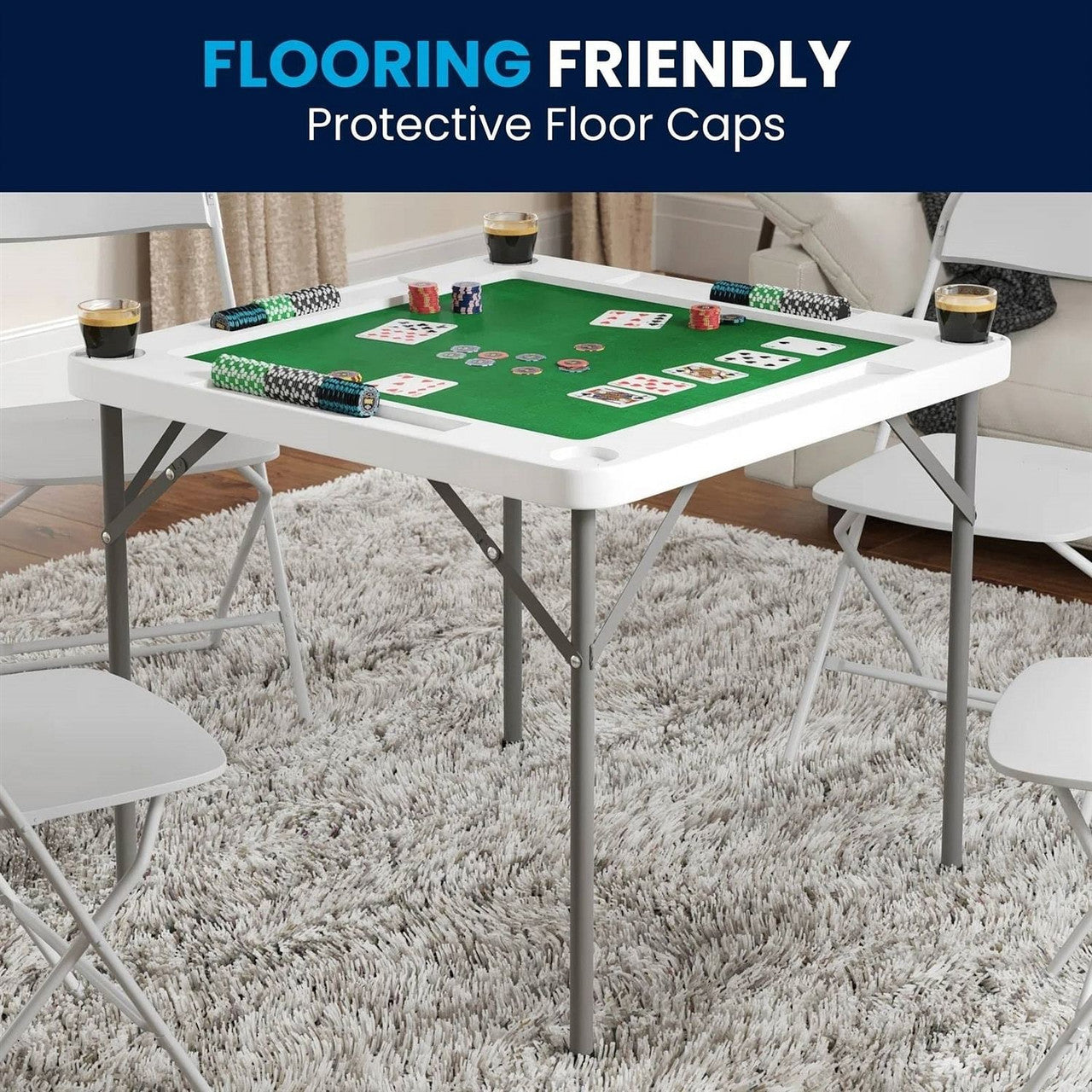 4-Player Square Folding Card Game Poker Table w/ Green Felt Top and Cup Holders-0