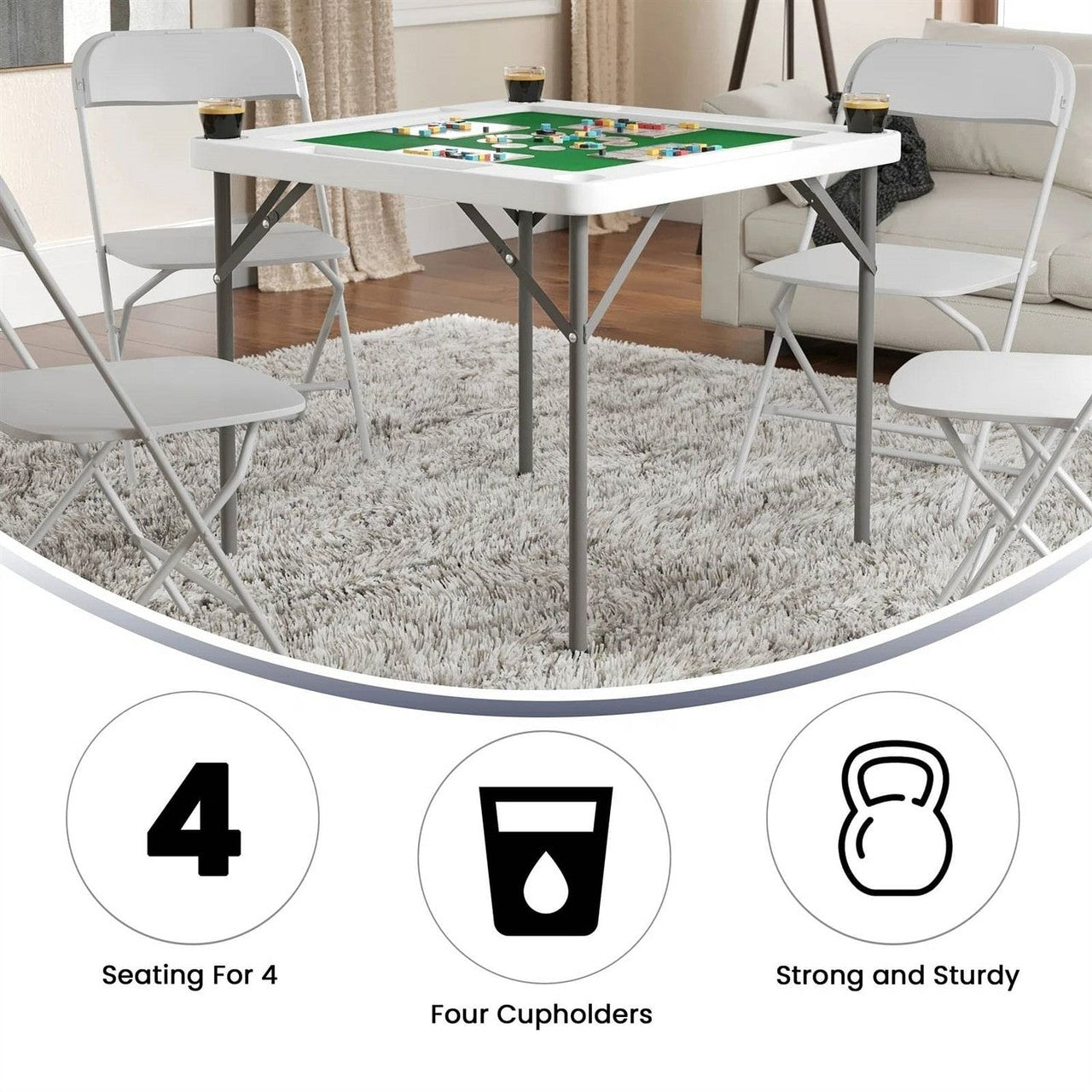 4-Player Square Folding Card Game Poker Table w/ Green Felt Top and Cup Holders-1