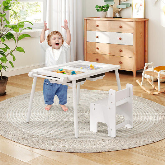 Sensory Table and Chair Set for Kids 2-8 with Foldable Bins-White