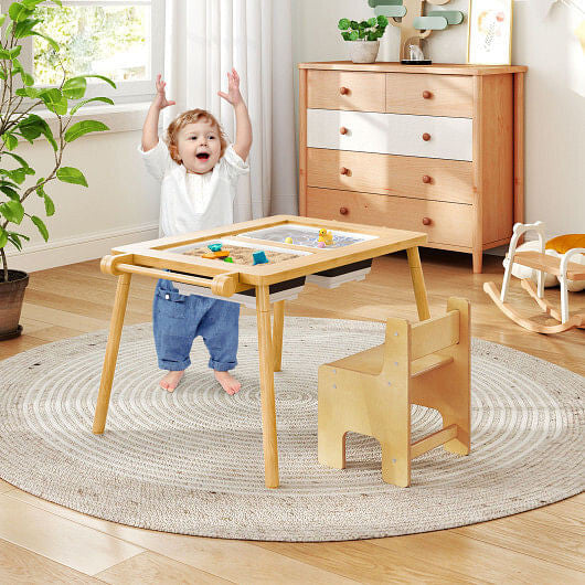 Sensory Table and Chair Set for Kids 2-8 with Foldable Bins-White