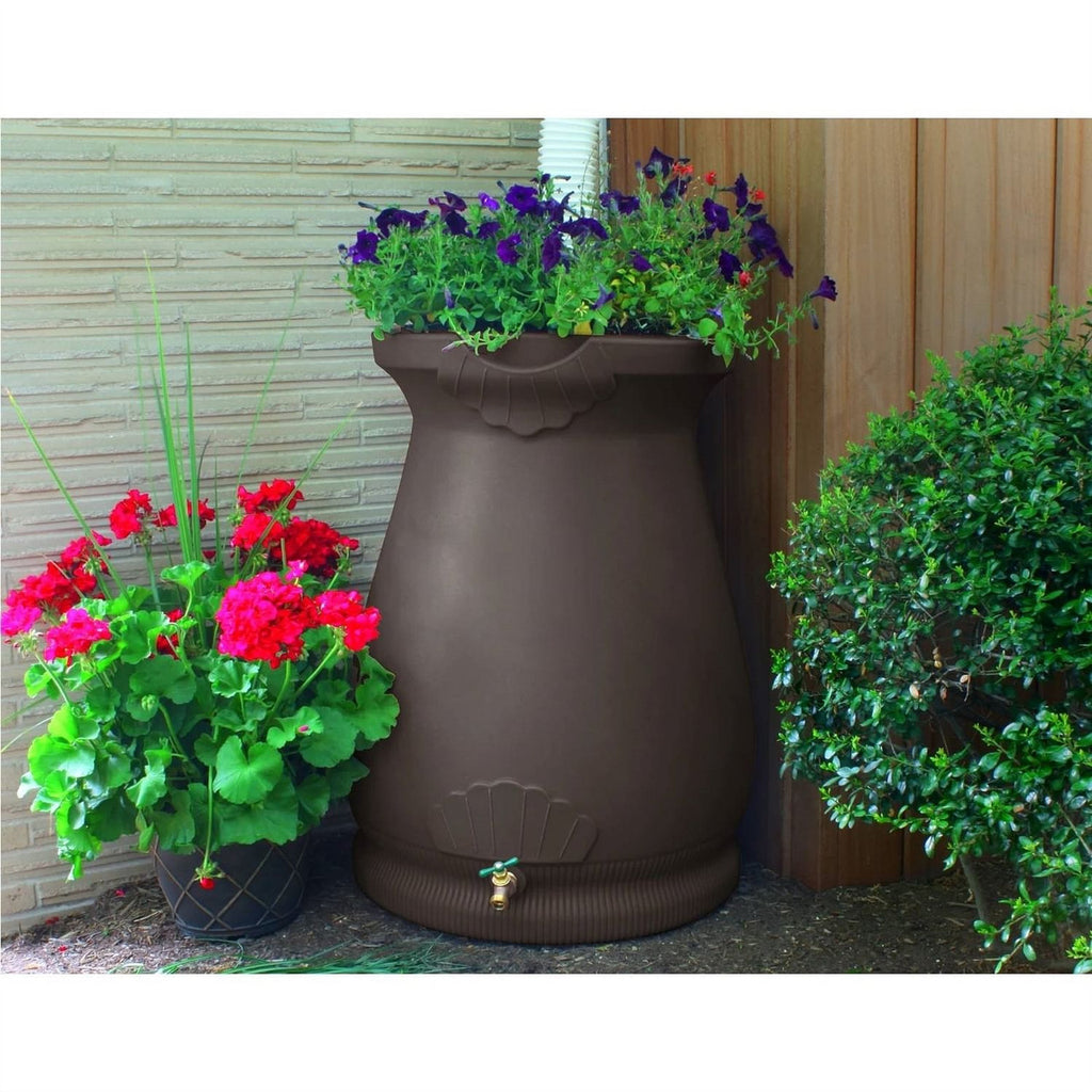 Brown Oak 65 Gallon Plastic Urn Rain Barrel with Planter Top-0