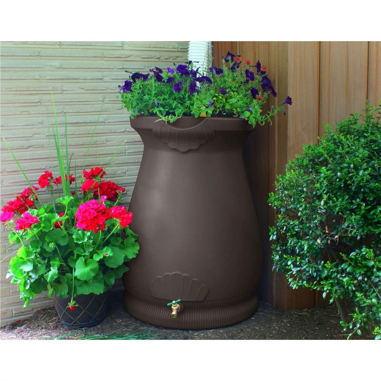 Brown Oak 65 Gallon Plastic Urn Rain Barrel with Planter Top-0