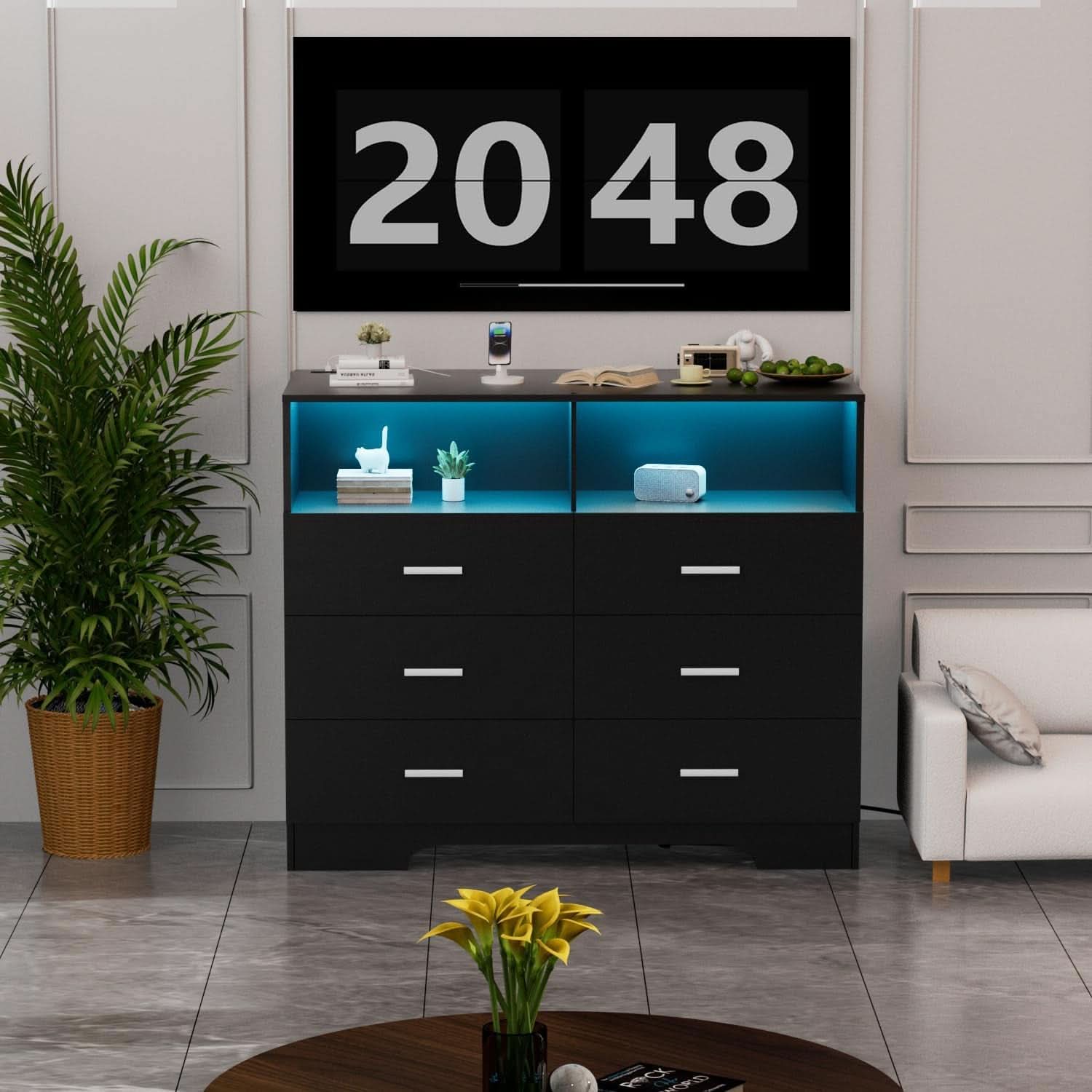 Black Dresser With Power Outlets And LED Lights 6 Drawers-1