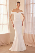 Romantic Off The Shoulder Solid Wedding Gown w/ Ruched Design & Zip Closure CDT402W